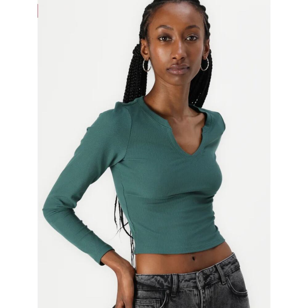Hollister Cropped Women's V-Neck Ribbed Long-Sleeve Top Dark Green, Size M